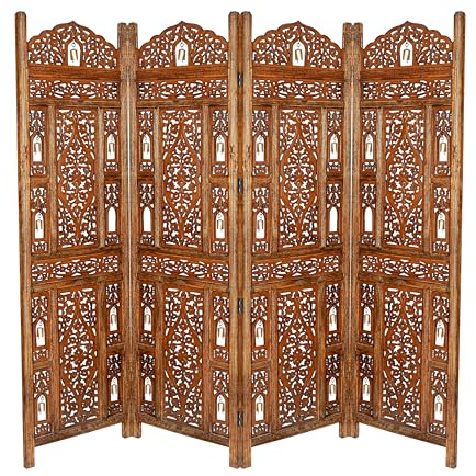Topfurnishing 4 Panel Room Divider Free Standing Mango Wood Hand Carved Folding Screen Partition Privacy Screen Decorative Headboard (Bells Design, Light Brown, 200 x 180 cm)