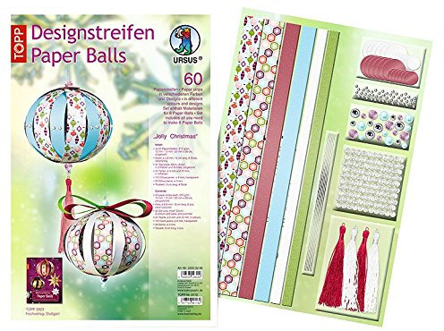 Ursus 23500099 - Designstreifen Paper Balls Jolly Christmas, Material für bis zu 8 Paper Balls, Durchmesser ca. 10 cm, 60 Streifen mit Zubehör, ideal zum Basteln von individuellen Weihnachtskugeln