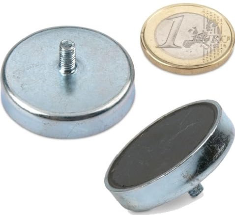 5 x Ferrite Pot Magnet Ø 32,0 x 7,0 mm with External Thread Stud M6 x 12 - holds 8 kg - 5 pieces - Ceramic Magnets in Steel Pot with threaded Pin