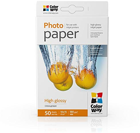 Fotopapier COLORWAY Premium hoch glänzend 50 Blatt 10x15 180g/m² Sofort Trocken Wasserfest für alle Tintenstrahldrucker