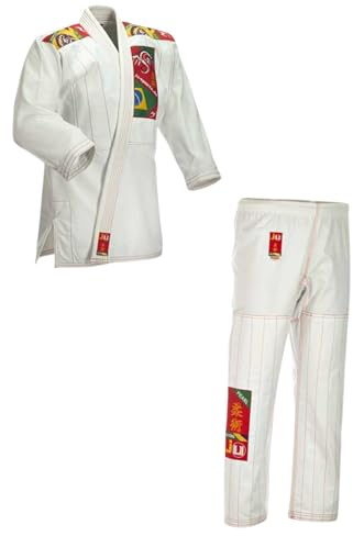 Ju-Sports BJJ Anzug Kids Weiß 110 I Leichter, schlanker Brazilian Jujutsu Anzug speziell für Kinder I BJJ Gi im bunten Design I Inkl. weißem Gurt I 100% Baumwolle