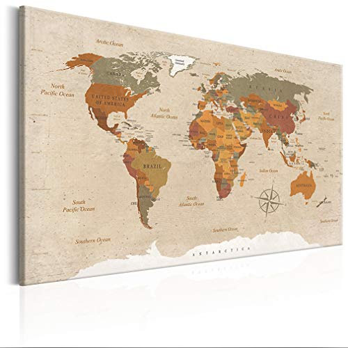 decomonkey | Weltkarte Pinnwand 120x80 cm Leinwand | Bilder Leinwandbilder Fertig aufgespannt auf dicker 10mm Holzfasertafel Aufhängfertig Auch als Korktafel nutzbar XXL Format Landkarte