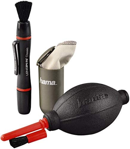 Hama Kamera Reinigungsset 3-teilig (Objektiv, Sensor & Kameralinse reinigen, mit Lenspen Reinigungsstift u. Objektivpinsel, Blasebalg mit Reinigungspinsel, Mikrofasertuch, für DSLR, Brille, Fernglas), 00005938