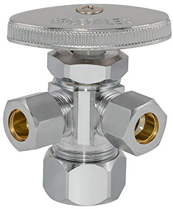 Eastman 3/8 Inch x 3/8 Inch x 5/8 In. OD Compression (1/2 In. Nom.) Multi-Turn Dual-Outlet Three-Way Stop Valve, Brass Plumbing Fitting, Chrome, 04353LF