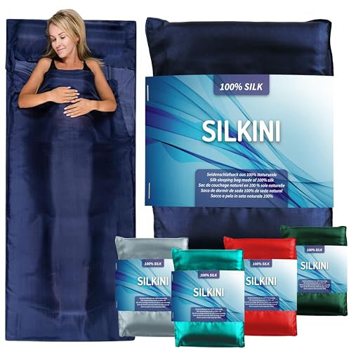 Silkini® - Seidenschlafsack aus 100% Naturseide, Hüttenschlafsack, Inlett, Sommerschlafsack aus echter Seide, blau