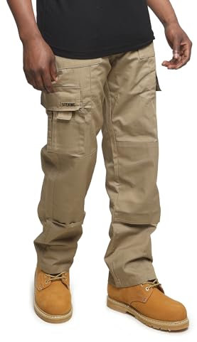 SITE KING Mens Multi Pocket Cargo Work Trousers Premium Action Trousers with Knee Pad Pockets (36 Waist / 29 Short Leg, Khaki/Sand)