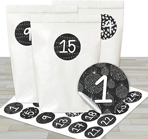 Papierdrachen - Adventskalender Set - 24 weiße Papiertüten und 24 schwarz-weiße Zahlenaufkleber - zum basteln und zum befüllen