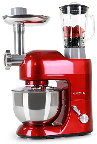 Klarstein Lucia Rossa - Robot da Cucina, Impastatrice, Planetaria con Tritacarne, 2000 W, 5 L, Mixer con Sistema Planetario, Ganci per Pasta, Shaker da 1,5 L, Velocità Regolabile, Rosso