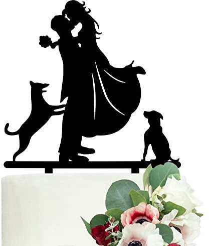 LOVENJOY Dogs Wedding Cake Topper Bride and Groom with 2 Dogs, Gift Boxed
