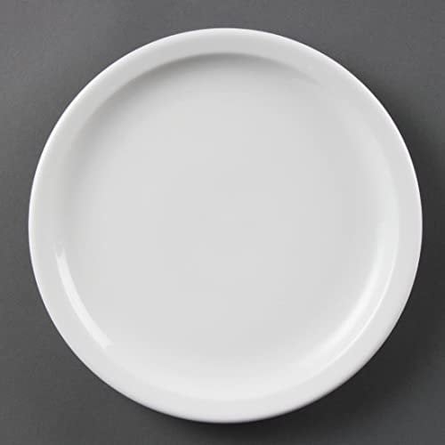 Olympia Assiette Whiteware à bord étroit 23 cm (lot de 12), blanc, porcelaine super vitrifiée, petites assiettes plates, Passe au four, au micro ondes, au lave vaisselle, Certifié BS4034, CB489