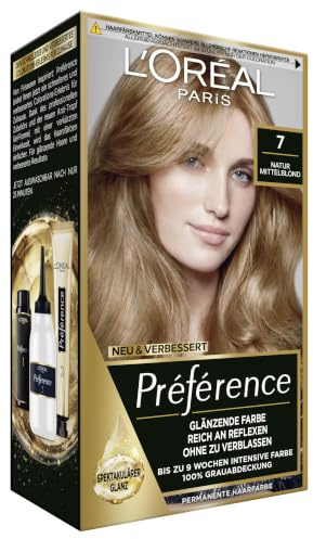 L'Oréal Paris Permanente Haarfarbe, Haarfärbeset mit Coloration und Farbglanz-Pflegebalsam, Préférence, 7 Natur Mittelblond, 3er Set