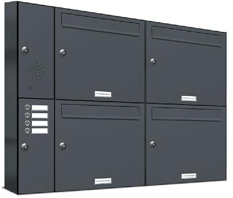 AL Briefkastensysteme 4er Briefkastenanlage mit Klingel Anthrazit Grau RAL 7016, Premium Briefkasten DIN A4, 4 Fach Postkasten modern Aufputz