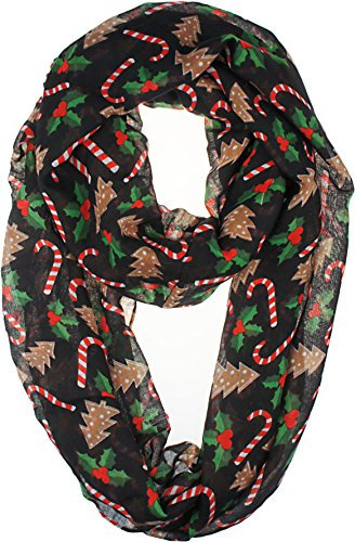 VIVIAN & VINCENT Damen-WeihnachtsSchal, weich, leicht, elegant, durchsichtig, Infinity-Schal Black Candy Cane, Xmas Trees and Poinsettia