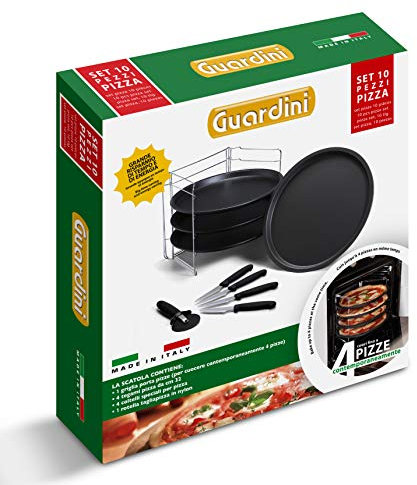 Guardini, Set 4 tegami pizza Ø 32 cm + 1 griglia porta tegami + 4 coltelli + 1 rotella tagliapizza, Acciaio con rivestimento antiaderente, Nero, Made in Italy, Linea Pizza&Mania