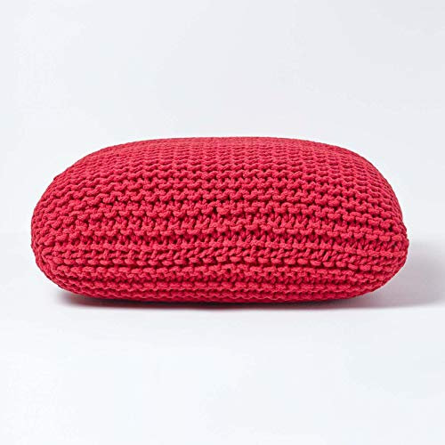 Homescapes Strickpouf groß rot 70 x 20 cm Bodenkissen Sitzkissen 100% Baumwoll Bezug grob gestrickt mit Polystyrol Füllung