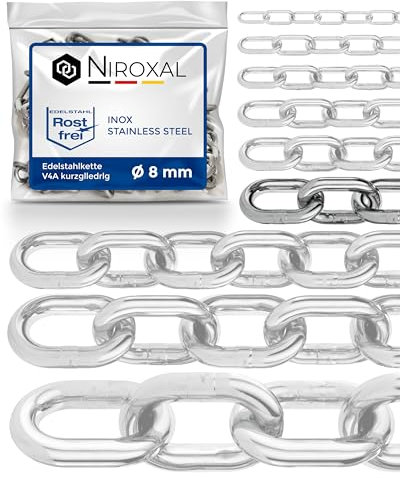 100cm = 1 meter 8mm starke Edelstahlkette Meterware V4A Gliederkette kurzgliedrig am Stück Ankerkette A4 DIN 56856 Metallkette DIN 766 rostfreie Sicherungskette Eisenkette 1m