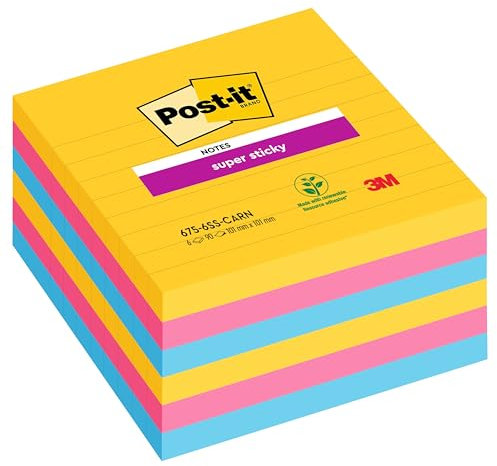 Post-it Super Sticky Notes Cape Town Collection, Packung mit 5 Blöcken, 90 Blatt pro Block, 76 mm x 76 mm, Pink, Grün, Gelb, Orange - Extra-stark klebende Notizzettel für To-Do-Listen und Erinnerungen