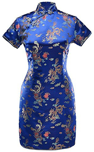 7Fairy Damen VTG Mini Chinesisches Ballkleid Cheongsam Marineblau