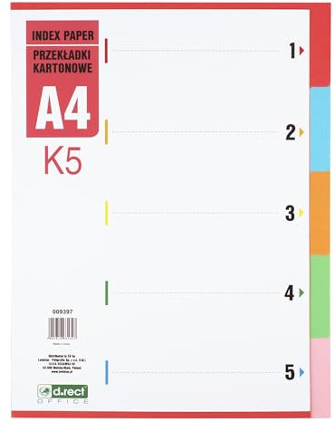 D.RECT Register für A4, K5, 5 Trennblätter, Ringbuchregister, Taben mit Zahlenaufdruck 1-5, Farb-Trenner aus Karton
