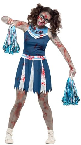 Smiffys Zombie Cheerleader Costume, Blue with Dress & Pom Poms, Halloween Adult Fancy Dress, Zombie Dress Up Costumes