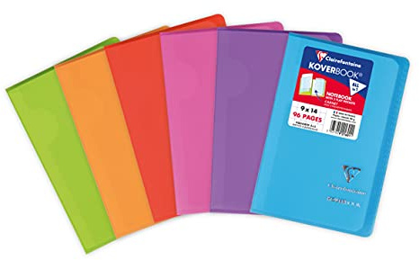 Clairefontaine 921601C - Schulheft / Kladde Koverbook 9x14 cm, 48 Blatt kariert, 90g, 2 Klarsichthüllen, 1 Etikett, Einband aus transparentem PP,robust und praktisch, Farben sortiert, 1 Stück