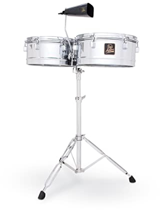 LP Latin Percussion Timbales Aspire Chrome 13 + 14, Stahlkessel Tiefe 16,5 cm, Oberfläche Nickel gebürstet, inkl. LP Aspire Kuhglocke, Timbale-Ständer, Trommelschlüssel, LPA256, Trommel, Drum