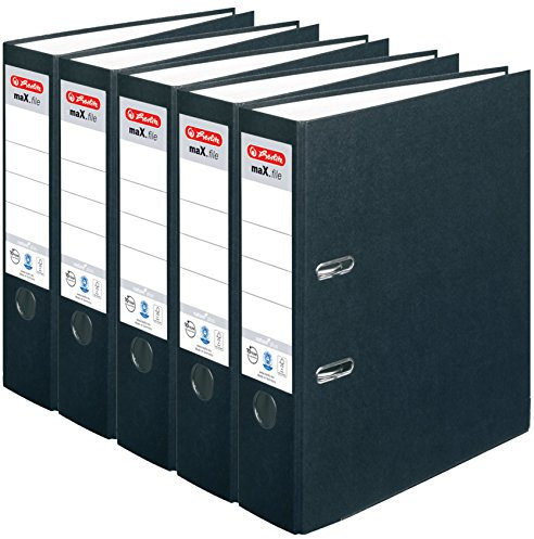HERLITZ Ordner maX.file nature+ A4 8cm | Kraftpapierbezug selbstklebendes Rückenschild | 5er Sparpack in diversen Farben zur Auswahl (Schwarz, breit 8cm | 5er Pack)