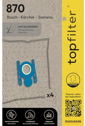 TopFilter 64870 Lot de 4 sacs aspirateur Bosch et Siemens, sac aspirateur, poche aspirateur, accessoire aspirateur, Non tissé polypropylène, Caoutchouc, Plastique, 30 x 26 cm