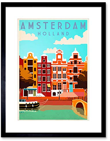 Wee Blue Coo Travel Amsterdam Holland Netherlands Canal Bridge Boat House Art Framed Wall Art Print