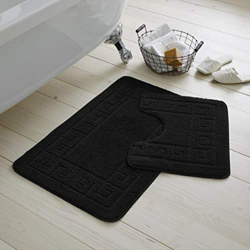 De Lavish Bath Mat Set 2 Piece Non Slip Rubber Pedestal and Bath Mat Set Toilet Greek Bathroom Rug New (Black)