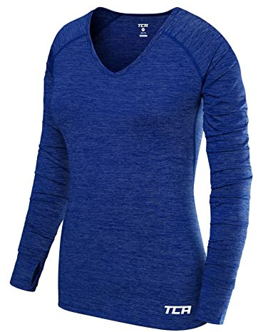 TCA Damen Elle Langarm V-Ausschnitt Laufshirt, Sportshirt und Trainingsshirt - Blau, S