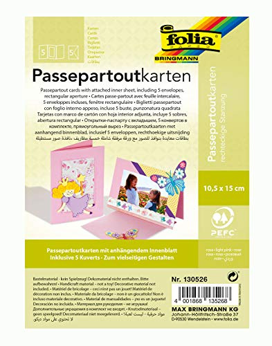 folia 130526 - Passepartouts mit rechteckiger Stanzung, ca. 10,5 x 15 cm, 5 Karten (220 g/qm) und Kuverts, rosa - ideal für Einladungen, Glückwunsch- oder Grußkarten