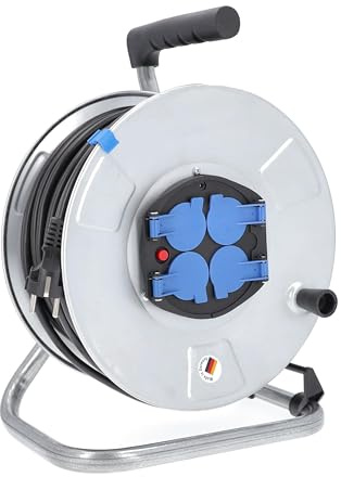 as - Schwabe Kabeltrommel 25 m, IP20 Innenbereich, 4 Schutzkontaktsteckdosen, Thermoschutzschalter, Stahlblech, Made in Germany