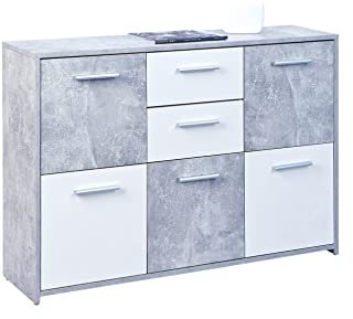 Inter Link - Commode - Buffet - Commode 5 portes et 2 tiroirs - 2 coloris - Revêtement mélaminé - Imitation béton gris clair et blanc - LxPxH : 115x30x77 cm - Flavius
