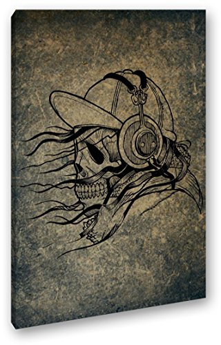 Leinwandbild Unheimlicher Totenkopf mit Kopfhörern, cool und düster Format: 120x80 cm XXL Kunstdruck Bild auf Keilrahmen/Wandbild/Wohnzimmer Deko