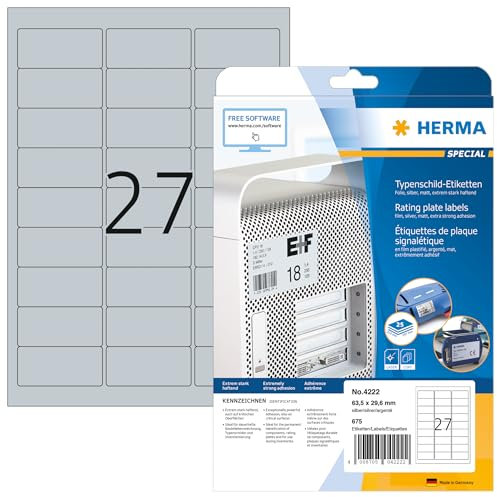 HERMA 4222 Typenschild Folien-Etiketten silber, 25 Blatt, 63,5 x 29,6 mm, 27 pro A4 Bogen, 675 Stück, selbstklebend, bedruckbar, wetterfest, blanko Klebeetiketten Aufkleber aus Folie