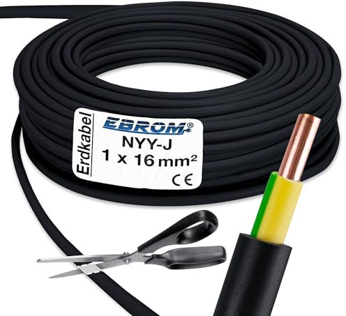 EBROM Câble de terre NYY-J 1 x 16 mm² - Noir - Grand choix de quantités - Au choix à partir de 5 m - Longueur : 50 m