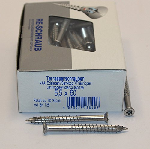 RE-SCHRAUB 5,5 x 60 mm Edelstahl A4 Torx TX 25 Terrassenschrauben rostfrei V4A von 100-1000 Stück wählbar (100)