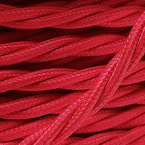 Art Deco Emporium PRE-CUT 1 Meter Length Vintage Styled British Bright Red Coloured Cloth Covered Braided Twist Flex - Electric Cable 3 Core; Electrical Wire 6Amp; Lighting Flex 0.75mm