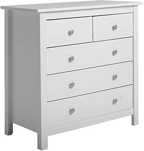VS Venta-stock Commode 5 tiroirs Blanc, Fabriqué en Bois de pin Massif