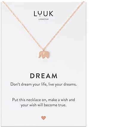 LUUK LIFESTYLE Women's jewellery, 20” necklace with elephant pendant, DREAM gift card with greeting message, women's fashion, chic style, trendy elegant look, timeless design, lucky charm, rose