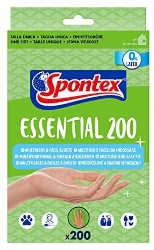 Spontex Essential Einmalhandschuhe, Multifunktionshandschuhe in Einheitsgröße, latexfrei, universell einsetzbar, transparent, One Size, 200er Pack 12963133