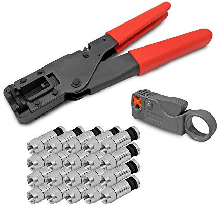 ARLI Kompressionszange + Abisolierer + 20x F-Kompressionsstecker 7–7,5 mm | Crimpzange & Abisolierwerkzeug für SAT TV Koaxkabel RG6 wetterfest