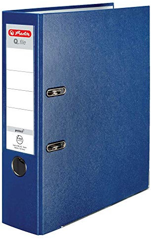 Herlitz® Ordner Q.file | Rücken 8 cm | PP-Folie | Büroorganizer für A4 Dokumente | Wechseletikett | Hebelmechanik mit Druckleiste | Passt 600 Blatt | blau