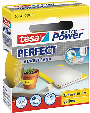tesa extra Power Perfect Gewebeband - Gewebeverstärktes Ductape zum Basteln, Reparieren, Befestigen, Verstärken und Beschriften - Gelb - 2,75 m x 19 mm