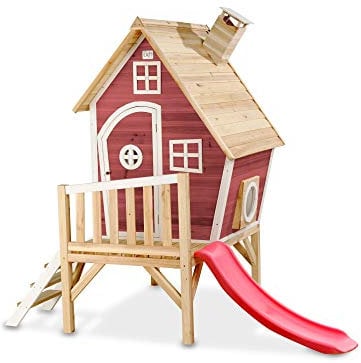 EXIT Toys Fantasia 300 Holzspielhaus für Draußen - Mit Rutsche, Treppe und Schornstein - Gartenhaus aus Holz für Kinder - Einfache Montage - 100% FSC Zedernholz - 246x166x227cm - Rot