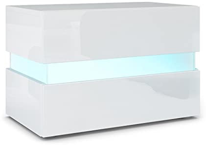 Vladon Nachttisch Flow, Made in Germany, Nachttischschrank mit Schublade Weiß Hochglanz/Weiß Hochglanz, inkl. LED-Beleuchtung (60 x 45 x 39 cm)