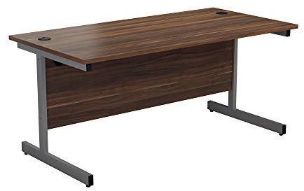 Office Hippo Heavy Duty Rectangular Cantilever Desk + Integrated Cable Ports, Home Office or PC Desk - Silver Frame/Dark Walnut Top, 140cm x 80cm