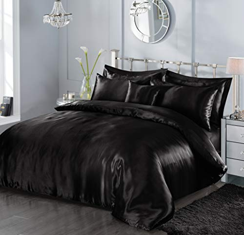 5 Piece Satin Sheets Super Soft Shiny Bedding Sets, 1 x Duvet Cover, 1 x Fitted Bed Sheet, 4 x Pillow Cases, 1 x Cushion Cover, Full Complete Bed Set (Black, Single)