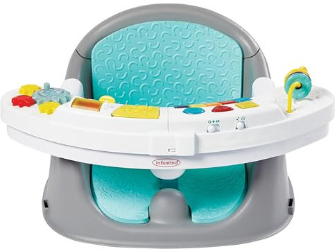 Infantino 3-in-1 Discovery Babysitzerhöhung mit Musik und Lichtern, mit verstellbarer Größe und interaktivem Spielzeug und Snacktablett für Babys und Kleinkinder, Blaugrün (6 Monate bis 3 Jahre)